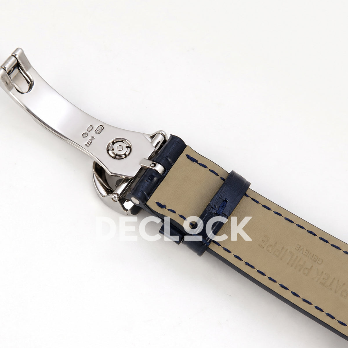Patek Philippe Celestial 6104P-010 PPF replica with blue dial and clear stone bezel — strap underside and open clasp