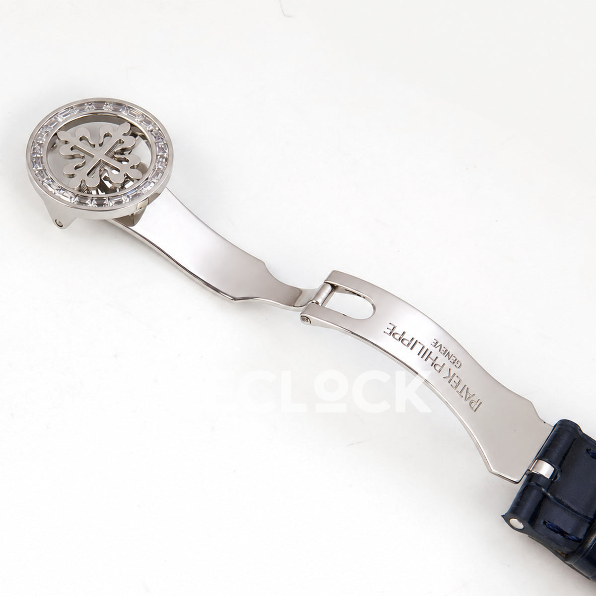 Patek Philippe Celestial 6104P-010 PPF replica with blue dial and clear stone bezel — open clasp front