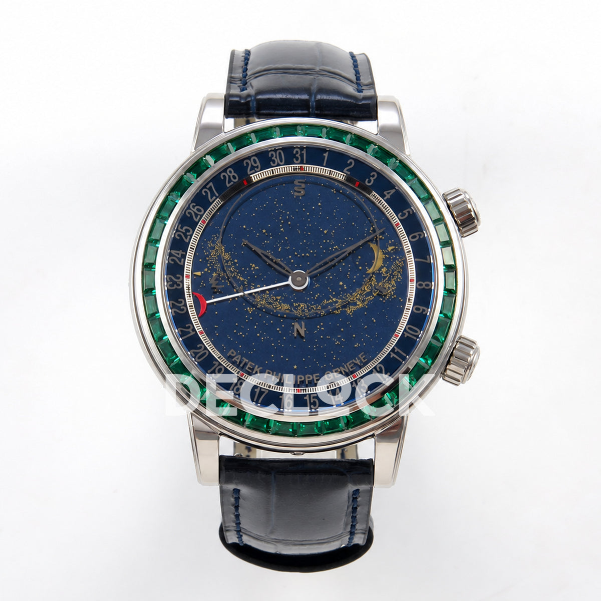 Patek Philippe Celestial 6104/13P-010 PPF replica with blue dial and green stone bezel — full front view