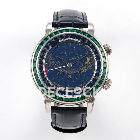 Patek Philippe Celestial 6104/13P-010 PPF replica with blue dial and green stone bezel — full front view