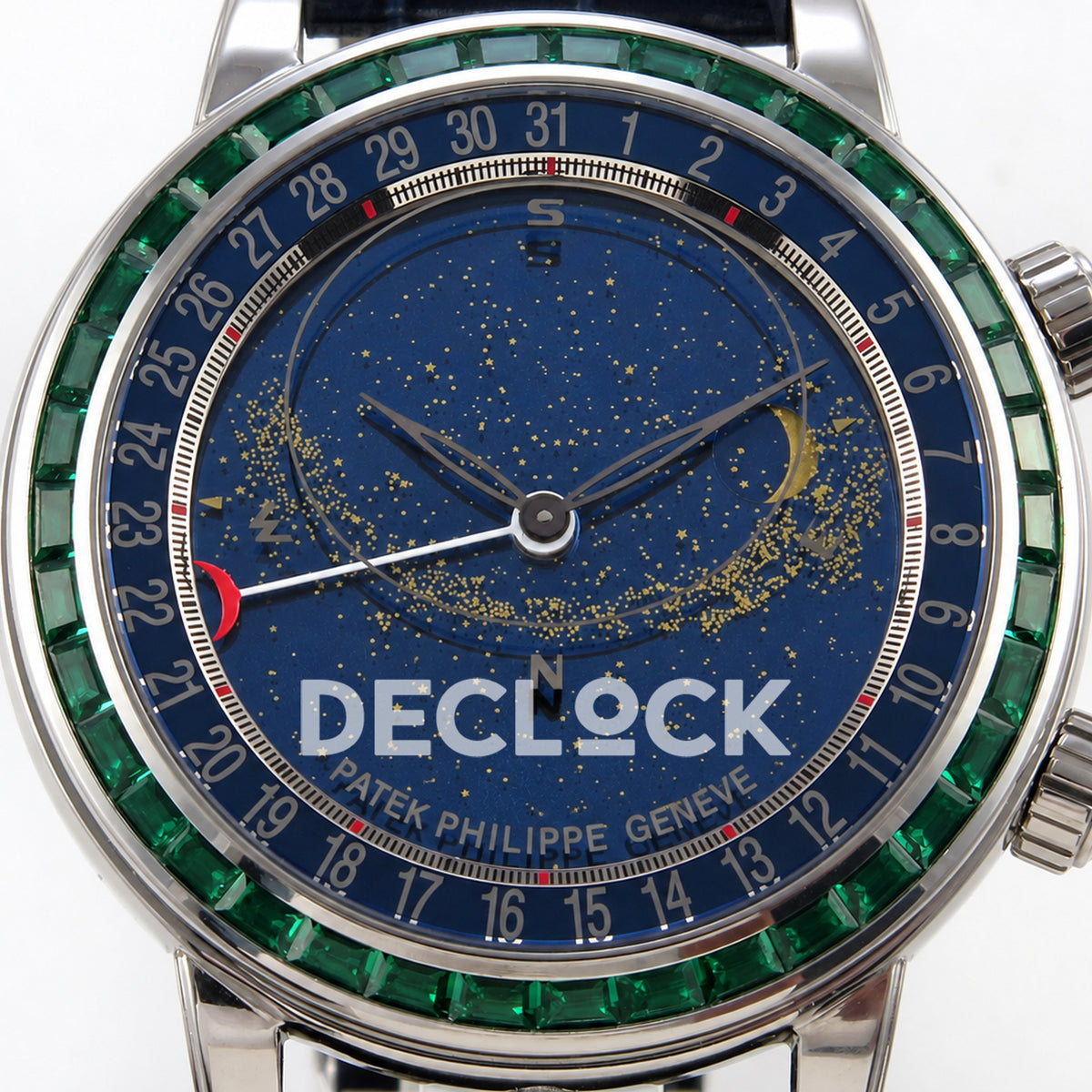 Patek Philippe Celestial 6104/13P-010 PPF replica with blue dial and green stone bezel — front dial close-up
