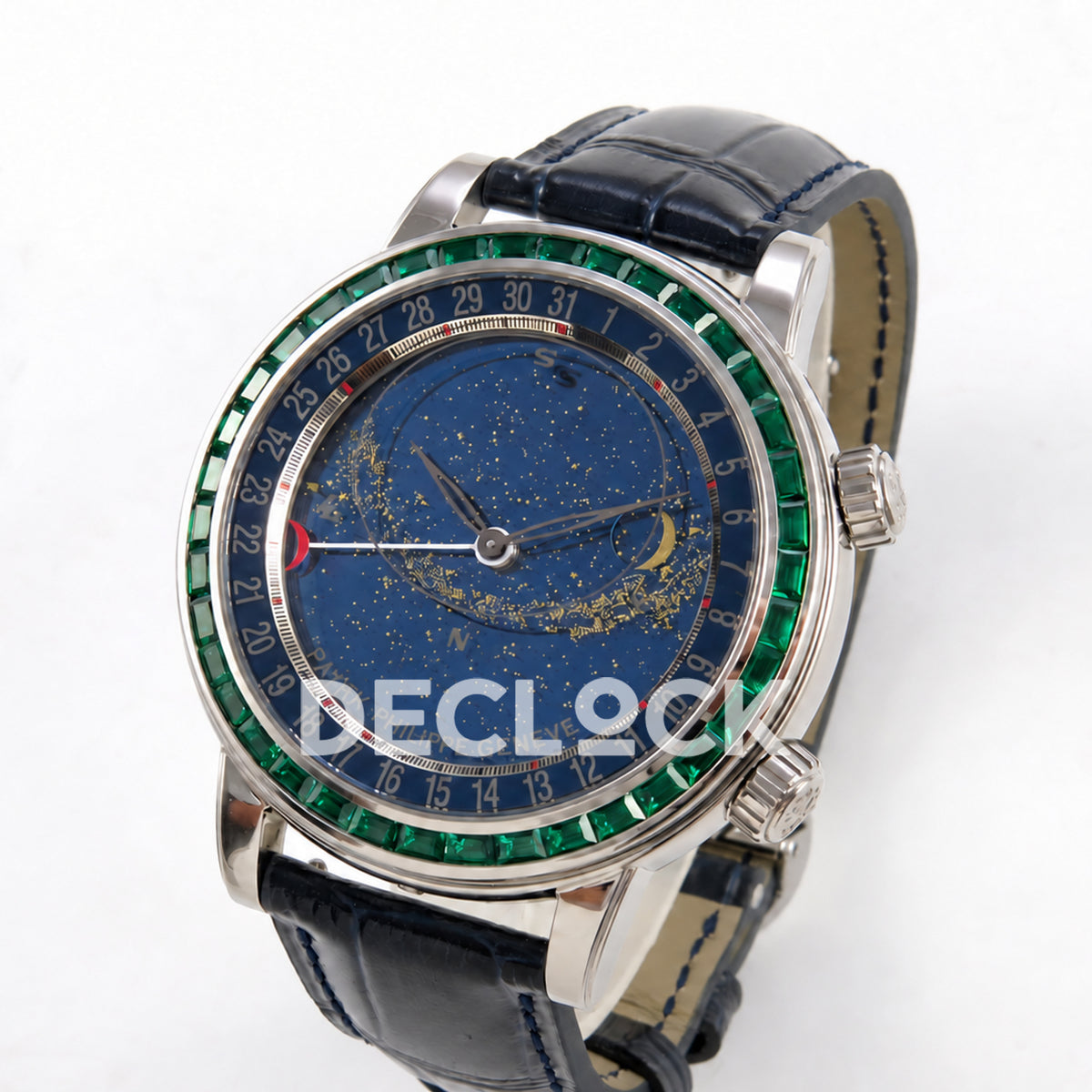 Patek Philippe Celestial 6104/13P-010 PPF replica with blue dial and green stone bezel — three-quarter view