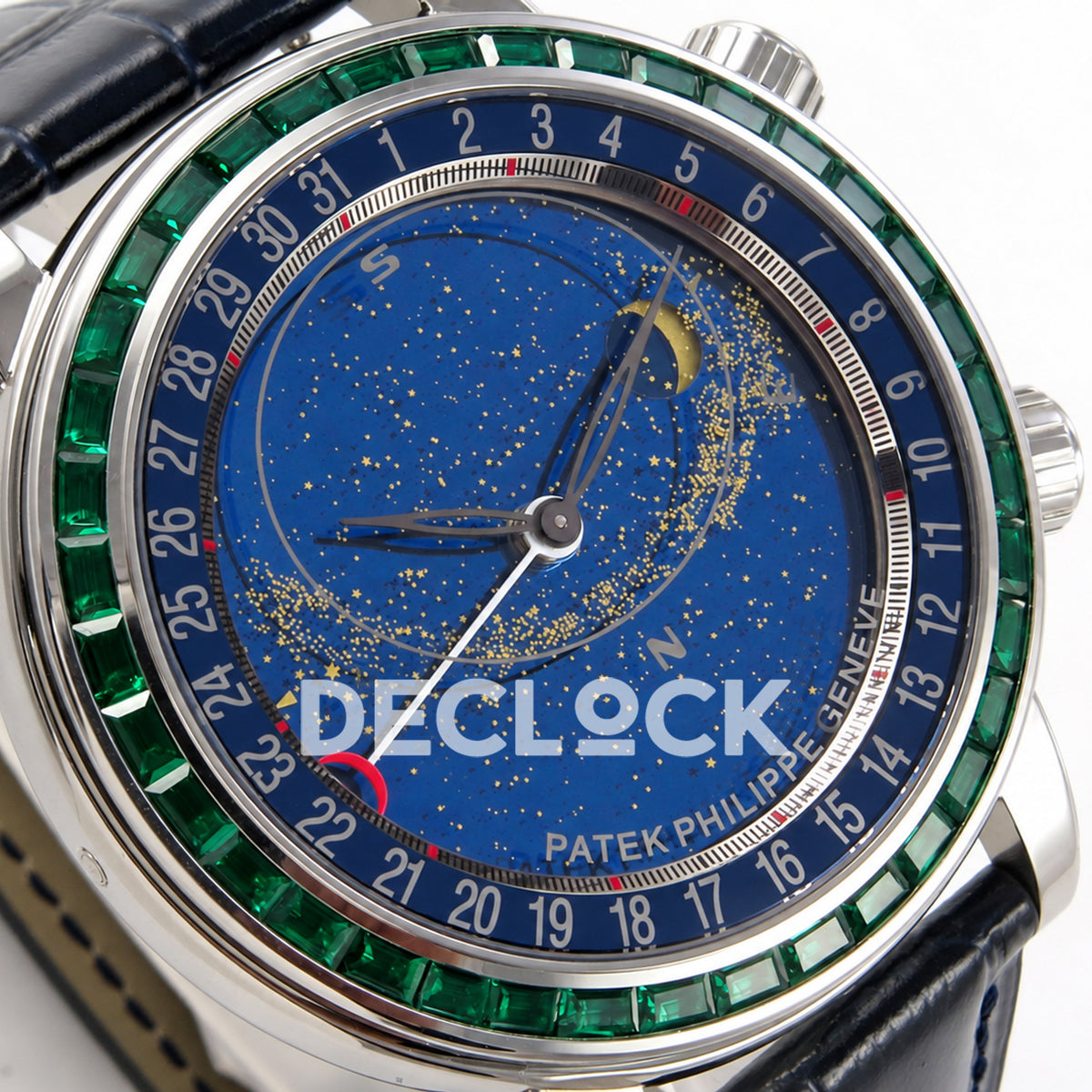 Patek Philippe Celestial 6104/13P-010 PPF replica with blue dial and green stone bezel — left dial macro