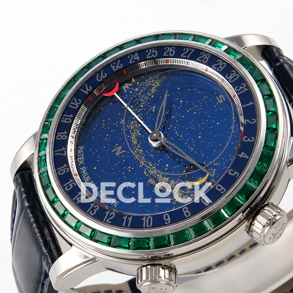 Patek Philippe Celestial 6104/13P-010 PPF replica with blue dial and green stone bezel — right dial macro