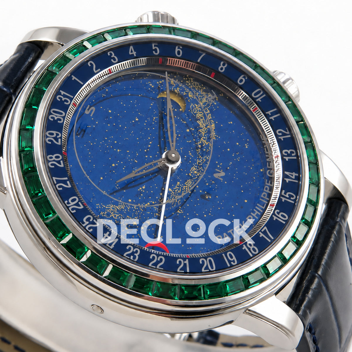 Patek Philippe Celestial 6104/13P-010 PPF replica with blue dial and green stone bezel — angled dial macro