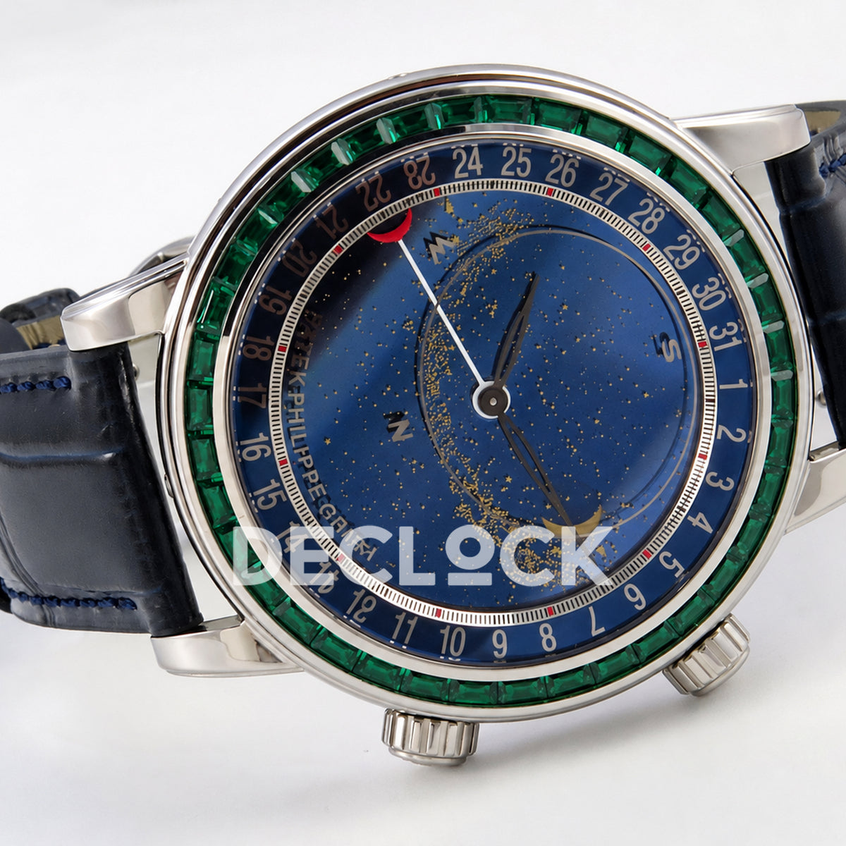 Patek Philippe Celestial 6104/13P-010 PPF replica with blue dial and green stone bezel — sideways dial view