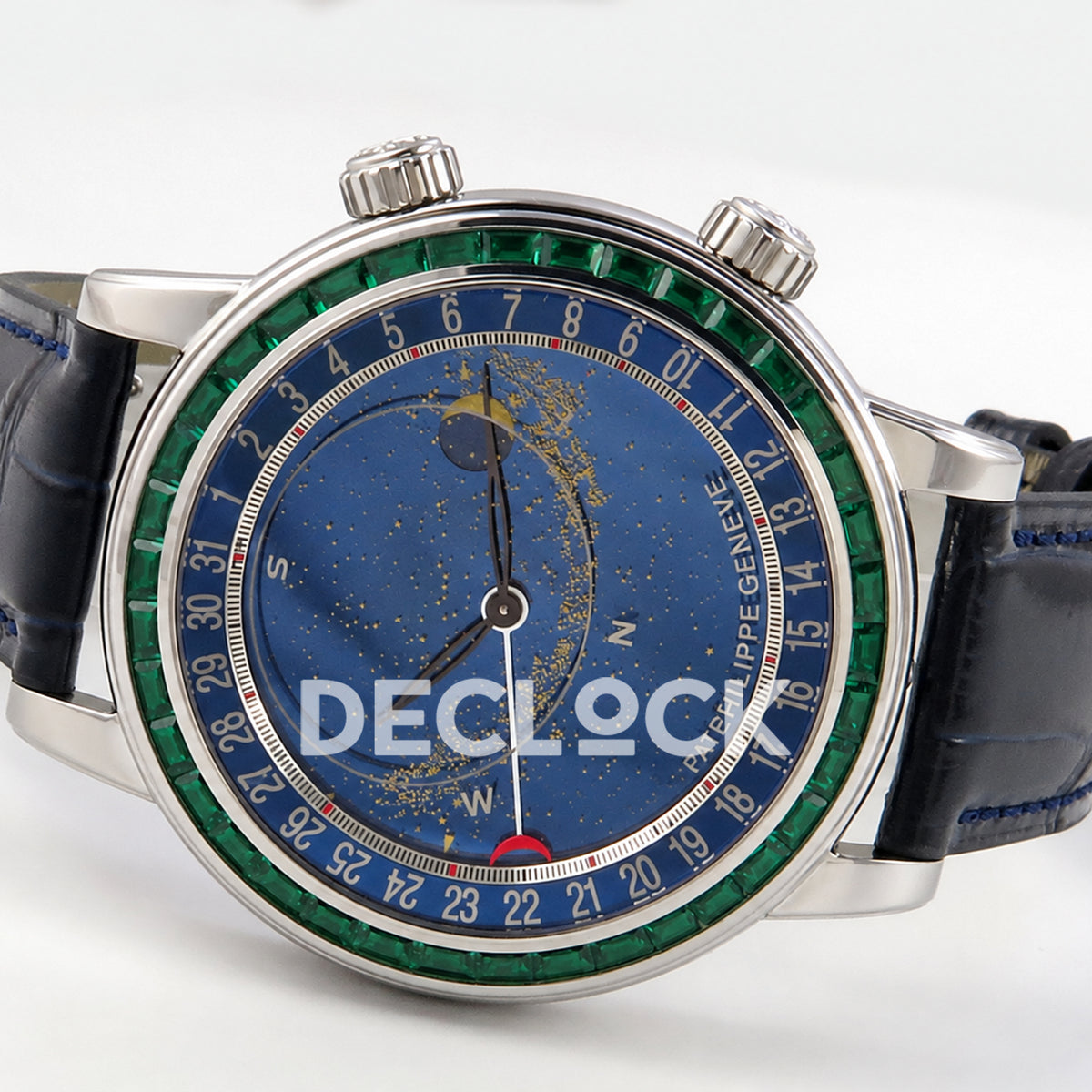 Patek Philippe Celestial 6104/13P-010 PPF replica with blue dial and green stone bezel — opposite sideways dial view