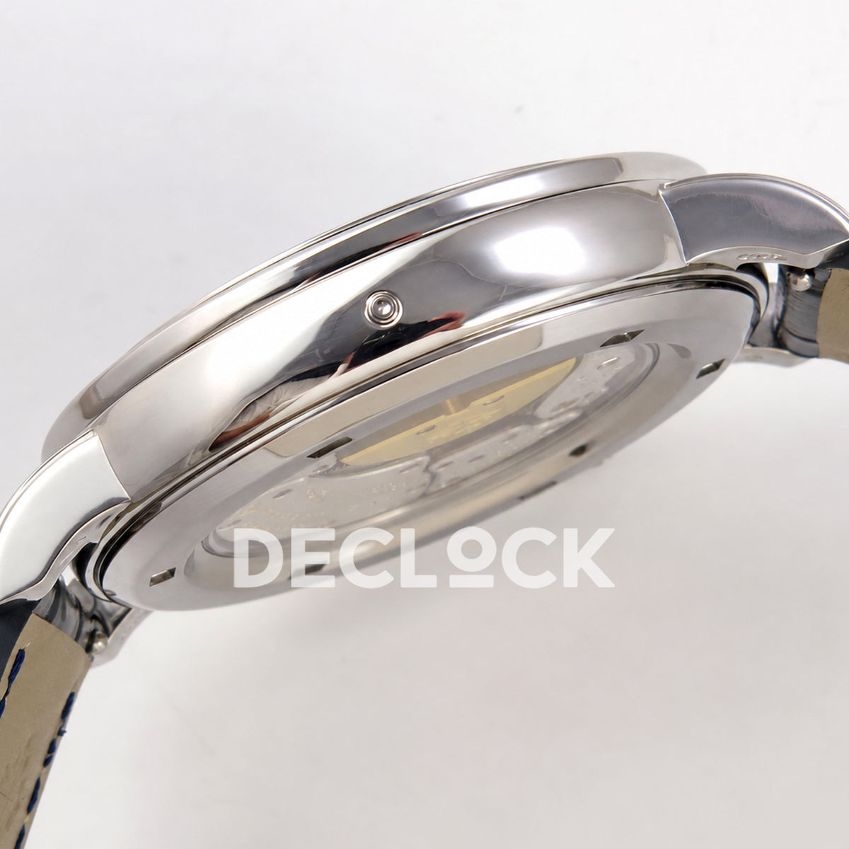 Patek Philippe Celestial 6104/13P-010 PPF replica with blue dial and green stone bezel — case profile and pushbutton