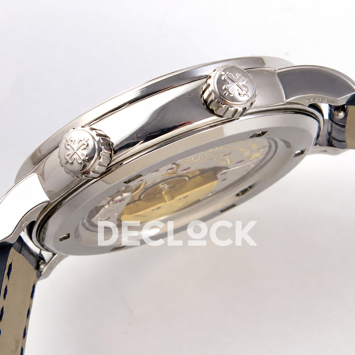 Patek Philippe Celestial 6104/13P-010 PPF replica with blue dial and green stone bezel — case profile and crowns