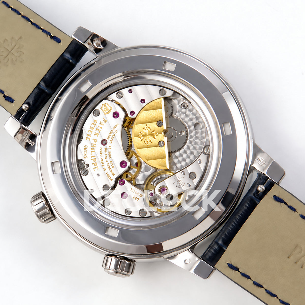 Patek Philippe Celestial 6104/13P-010 PPF replica with blue dial and green stone bezel — sapphire caseback and upright micro rotor