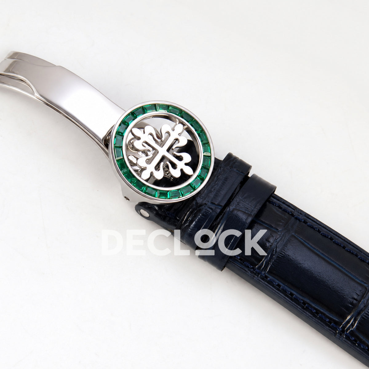 Patek Philippe Celestial 6104/13P-010 PPF replica with blue dial and green stone bezel — strap and green stone clasp