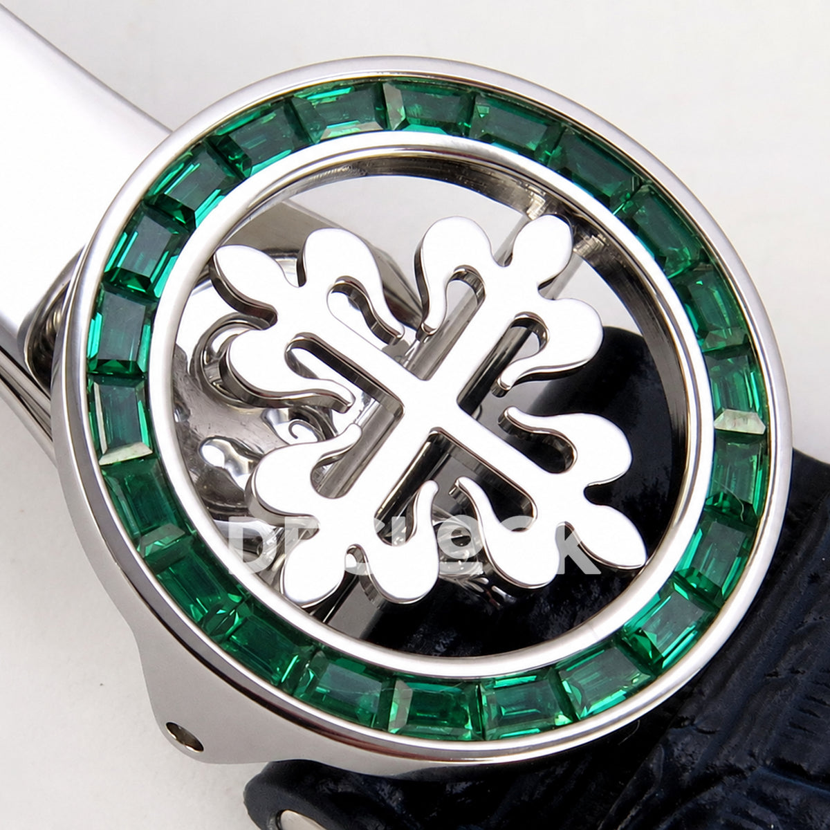 Patek Philippe Celestial 6104/13P-010 PPF replica with blue dial and green stone bezel — green stone clasp emblem
