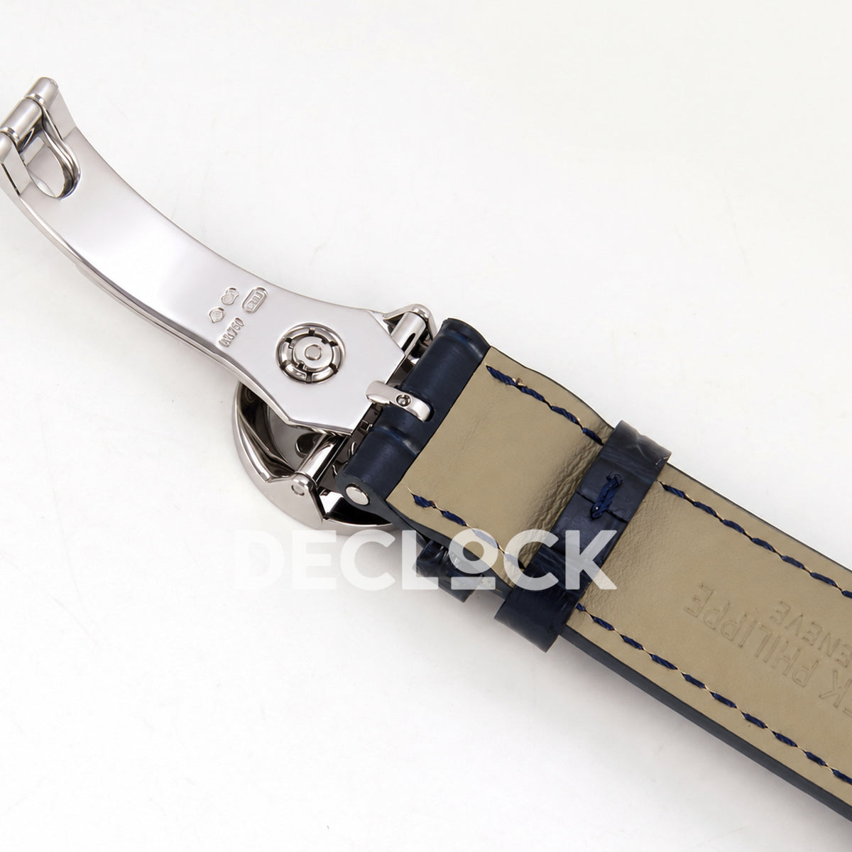 Patek Philippe Celestial 6104/13P-010 PPF replica with blue dial and green stone bezel — strap underside and open clasp