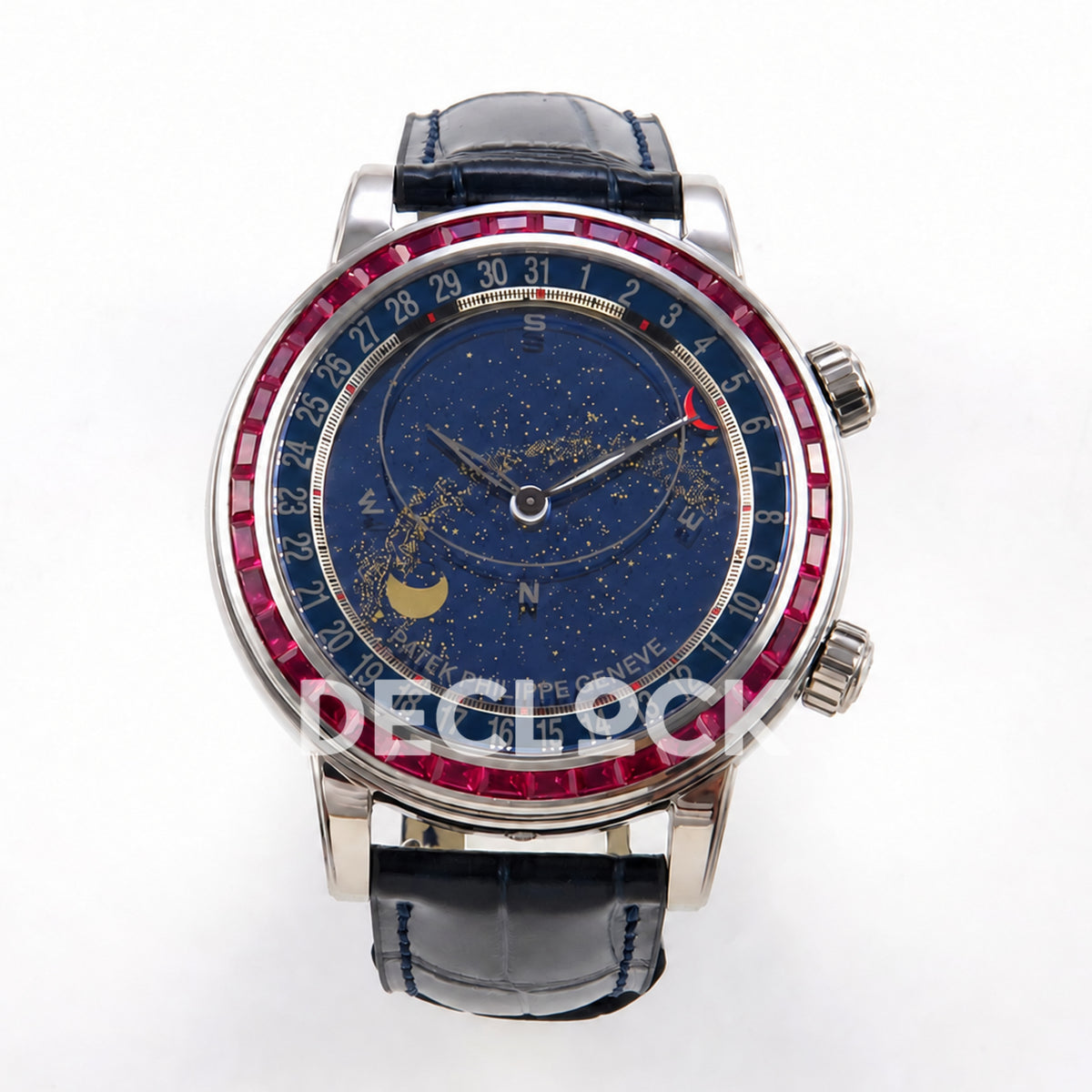 Patek Philippe Celestial 6104/12P-010 PPF replica with blue dial and red-purple stone bezel — full front view