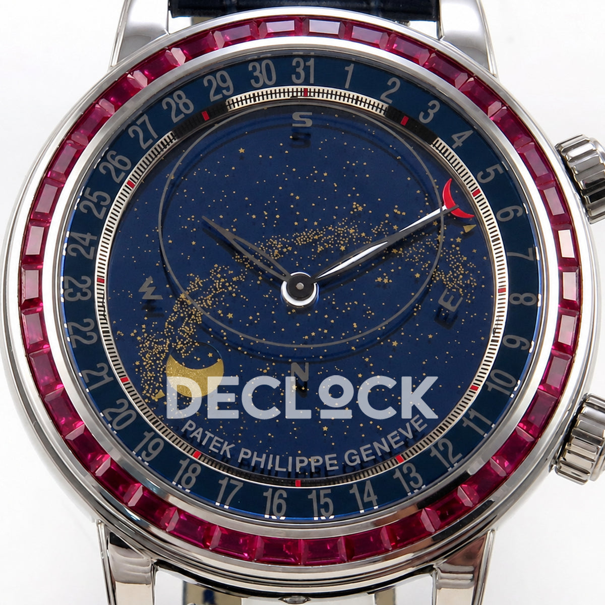 Patek Philippe Celestial 6104/12P-010 PPF replica with blue dial and red-purple stone bezel — front dial close-up