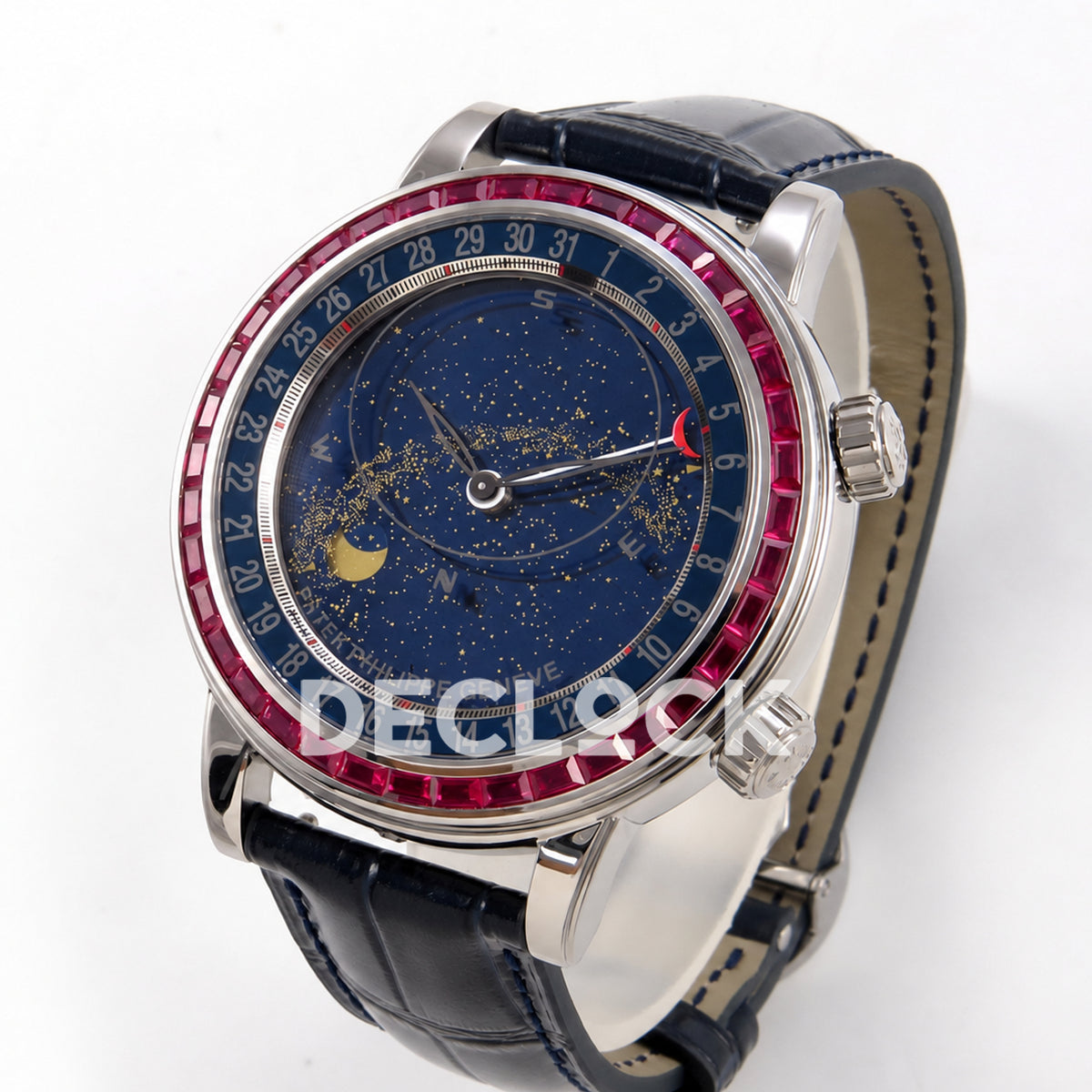 Patek Philippe Celestial 6104/12P-010 PPF replica with blue dial and red-purple stone bezel — three-quarter view