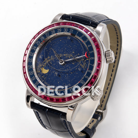Patek Philippe Celestial 6104/12P-010 PPF replica with blue dial and red-purple stone bezel — three-quarter view