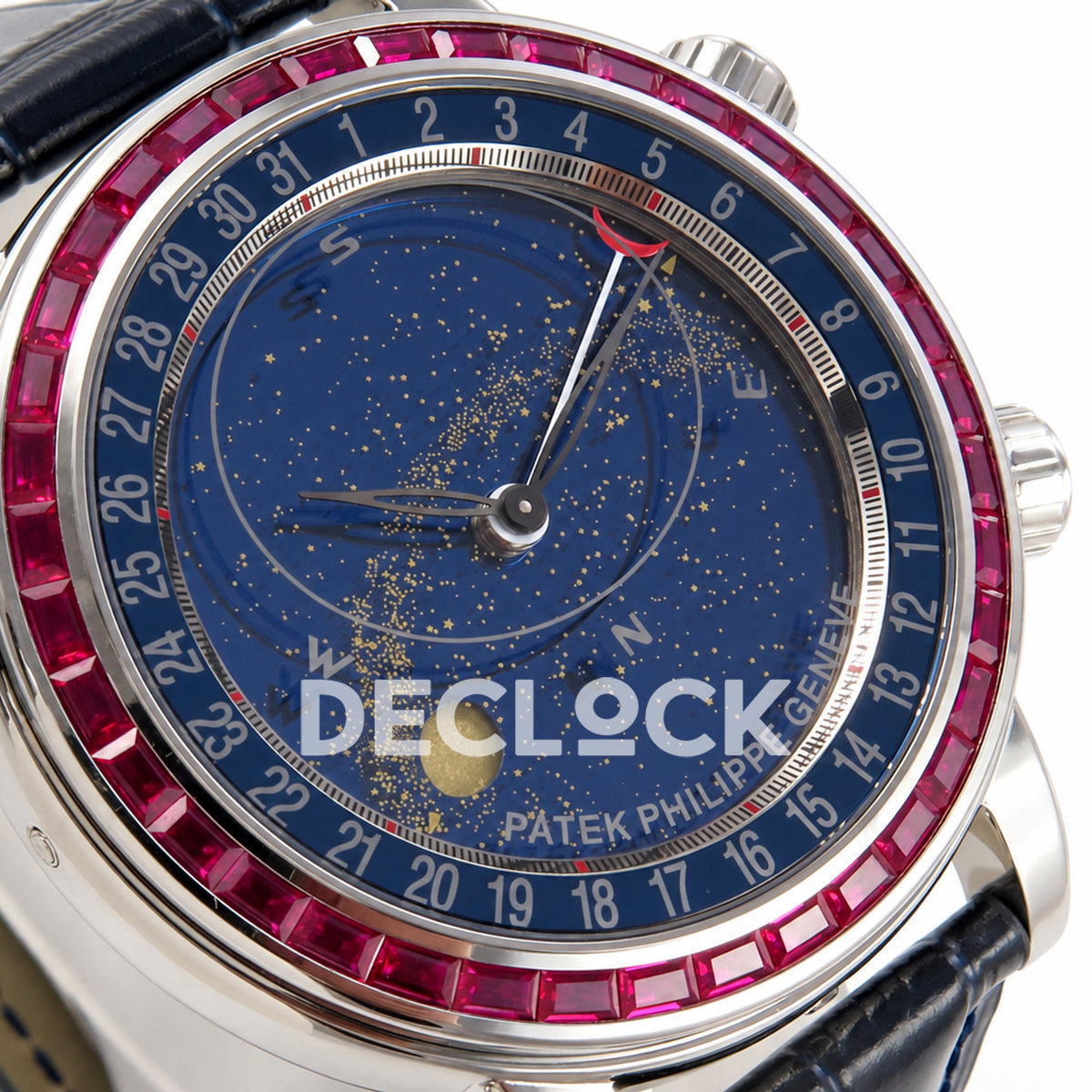 Patek Philippe Celestial 6104/12P-010 PPF replica with blue dial and red-purple stone bezel — left dial macro