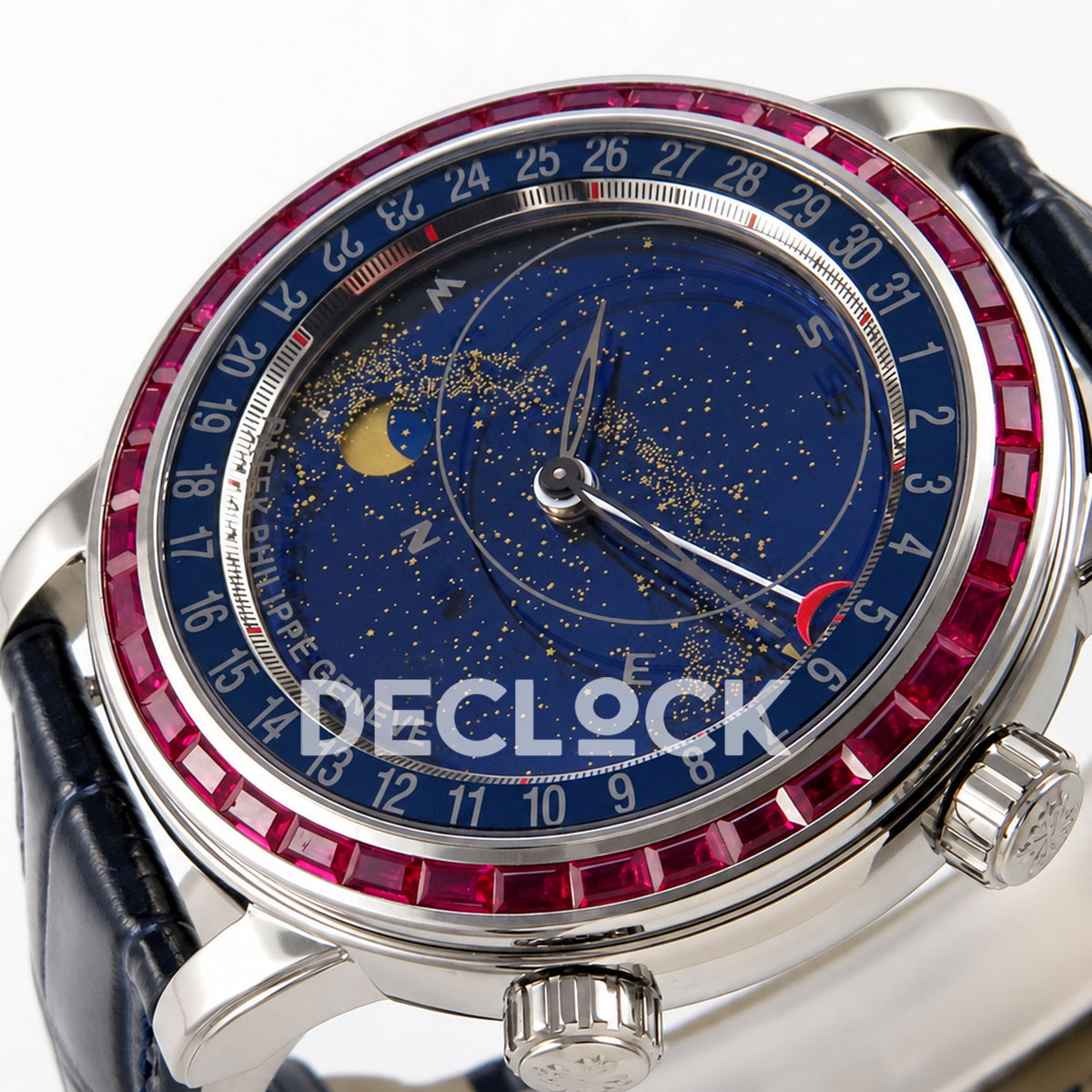 Patek Philippe Celestial 6104/12P-010 PPF replica with blue dial and red-purple stone bezel — right dial macro