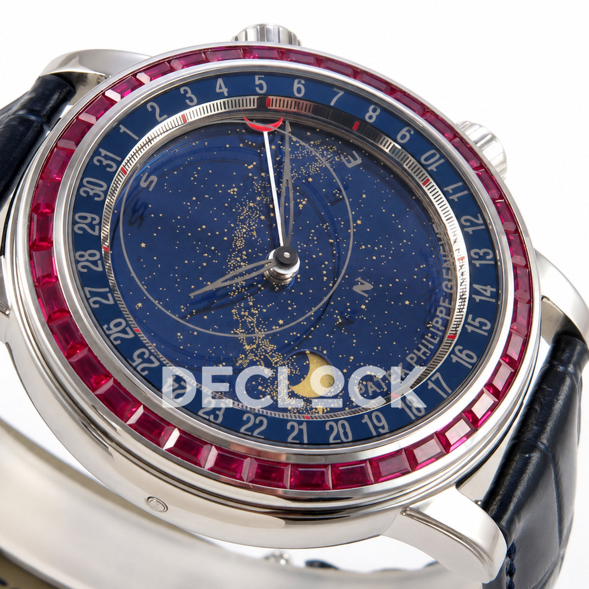Patek Philippe Celestial 6104/12P-010 PPF replica with blue dial and red-purple stone bezel — angled dial macro