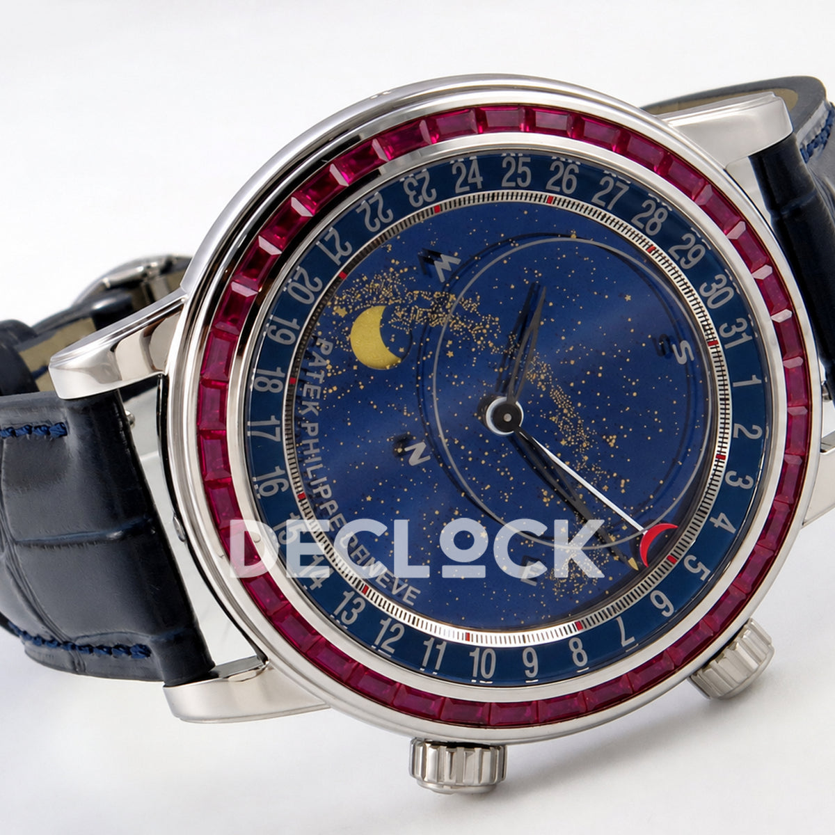 Patek Philippe Celestial 6104/12P-010 PPF replica with blue dial and red-purple stone bezel — sideways dial view
