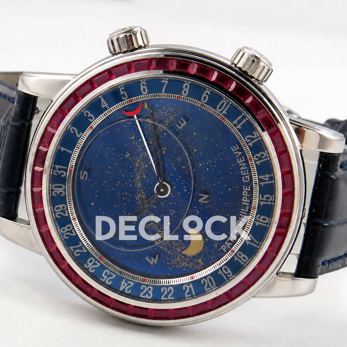 Patek Philippe Celestial 6104/12P-010 PPF replica with blue dial and red-purple stone bezel — opposite sideways dial view