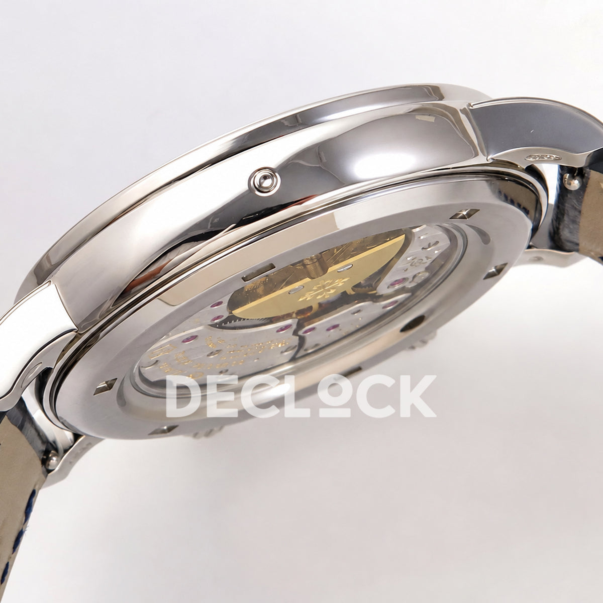 Patek Philippe Celestial 6104/12P-010 PPF replica with blue dial and red-purple stone bezel — case profile and pushbutton