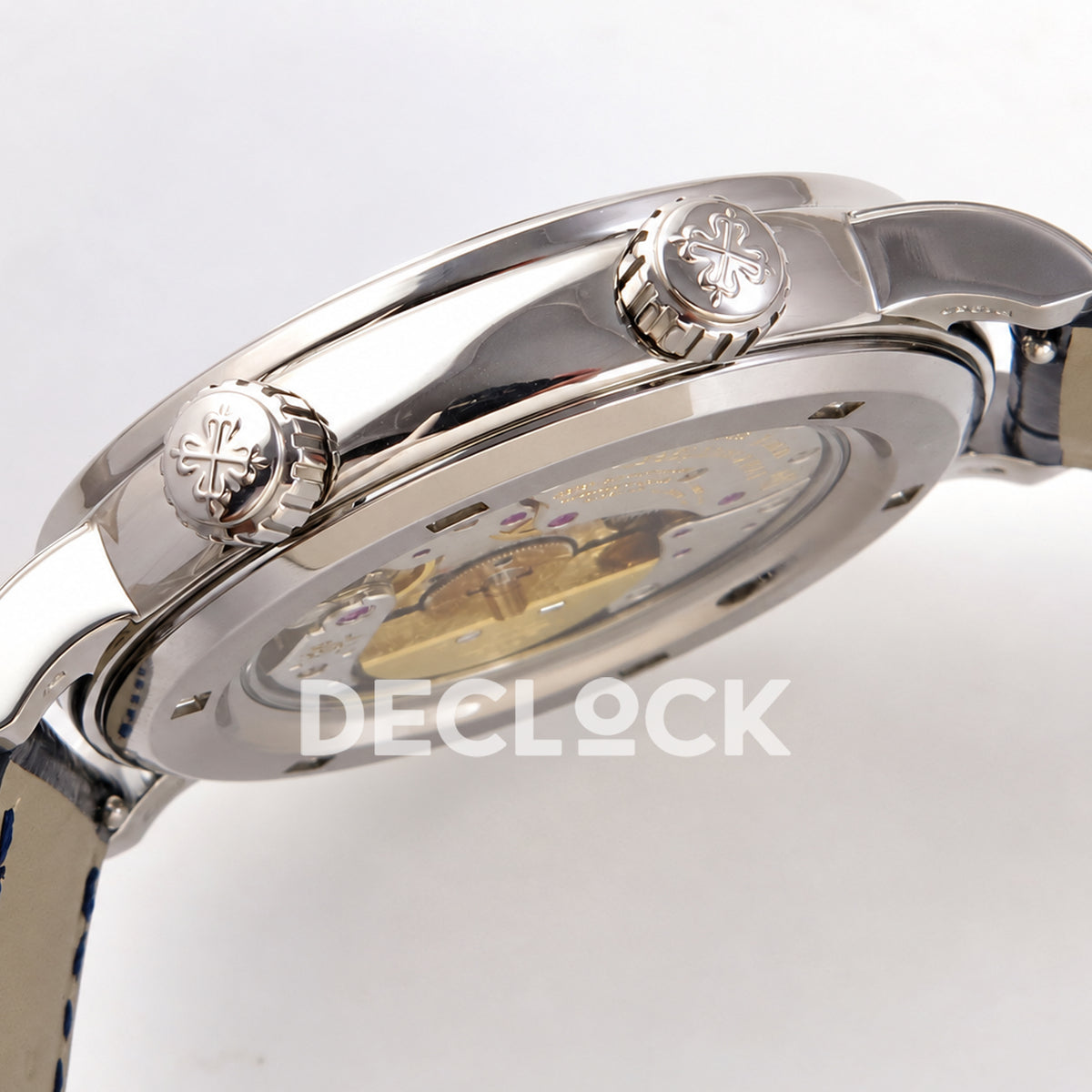 Patek Philippe Celestial 6104/12P-010 PPF replica with blue dial and red-purple stone bezel — case profile and crowns