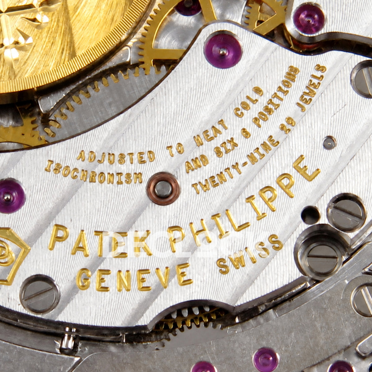 Patek Philippe Celestial 6104/12P-010 PPF replica with blue dial and red-purple stone bezel — engraved bridge macro