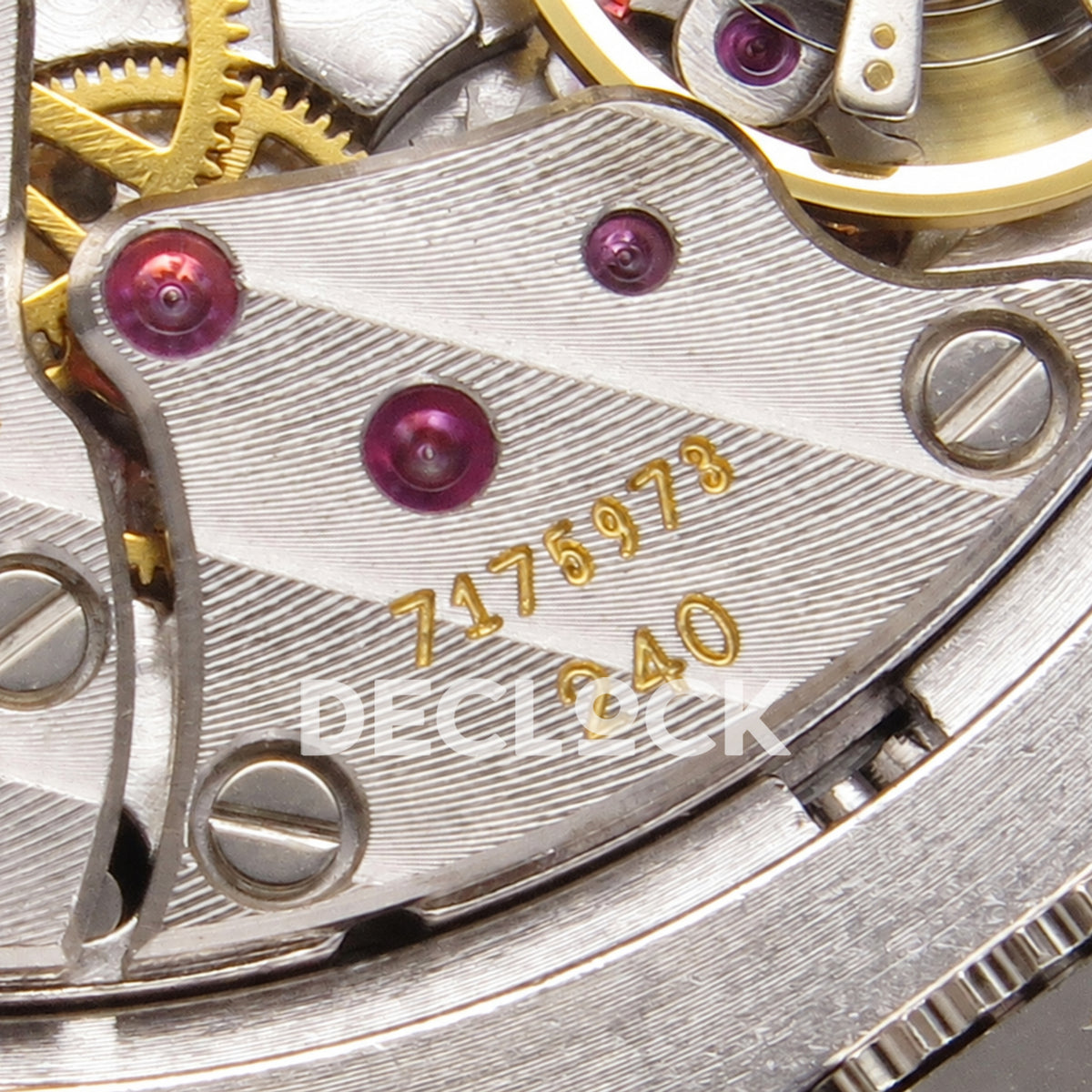 Patek Philippe Celestial 6104/12P-010 PPF replica with blue dial and red-purple stone bezel — movement serial engraving