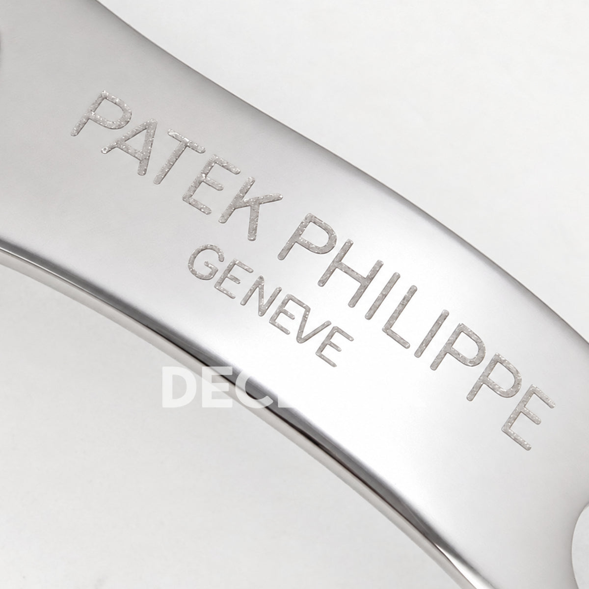Patek Philippe Celestial 6104/12P-010 PPF replica with blue dial and red-purple stone bezel — clasp engraving macro