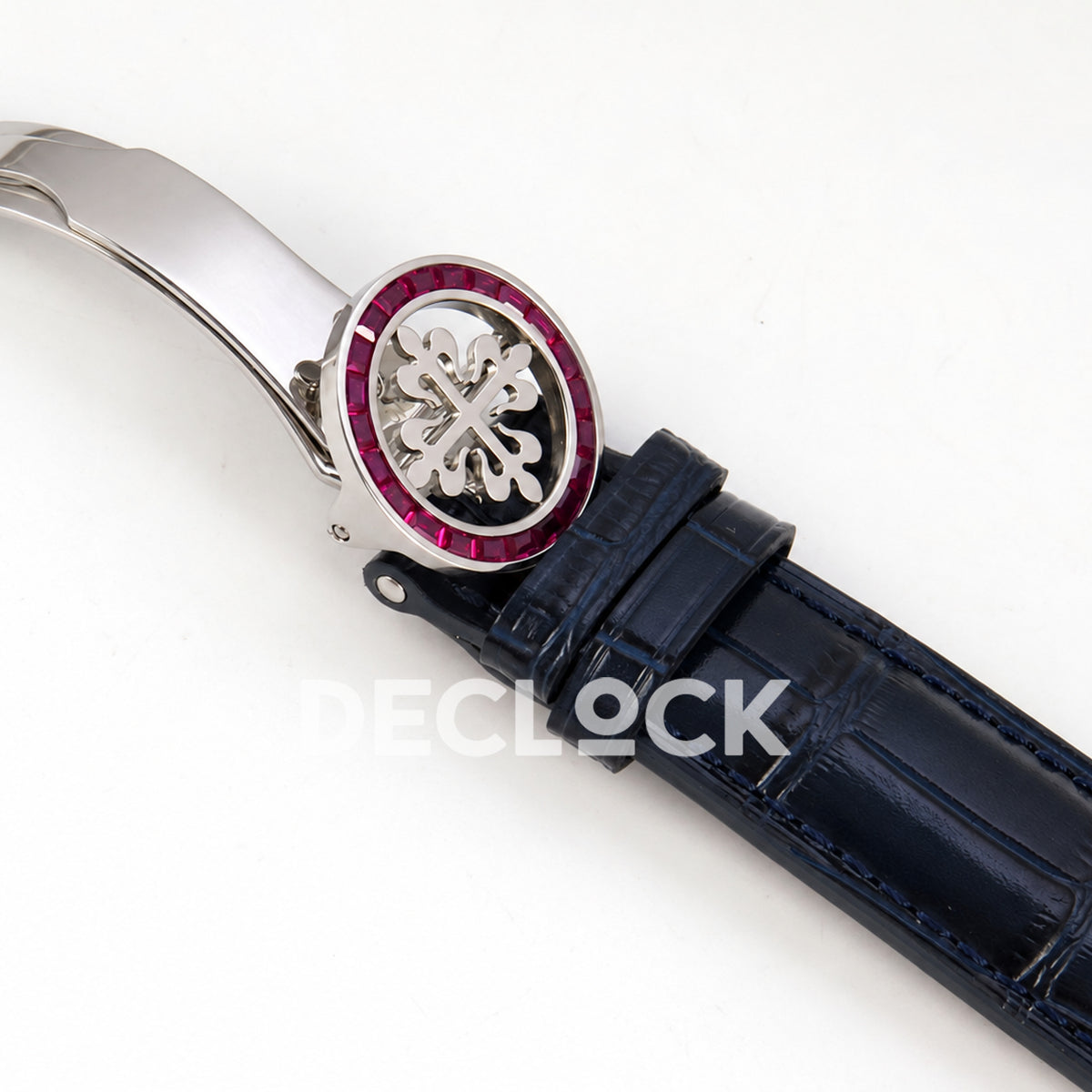 Patek Philippe Celestial 6104/12P-010 PPF replica with blue dial and red-purple stone bezel — leather strap and red-purple stone clasp