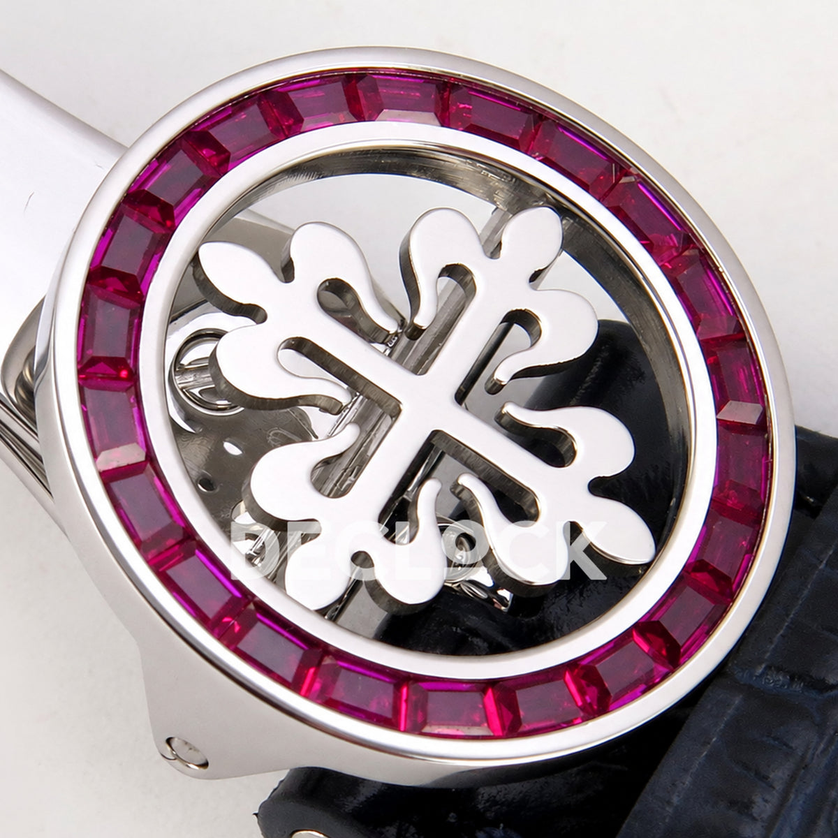Patek Philippe Celestial 6104/12P-010 PPF replica with blue dial and red-purple stone bezel — red-purple stone clasp emblem