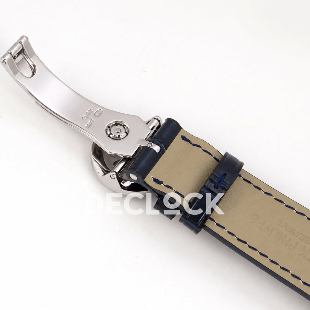 Patek Philippe Celestial 6104/12P-010 PPF replica with blue dial and red-purple stone bezel — strap underside and open clasp