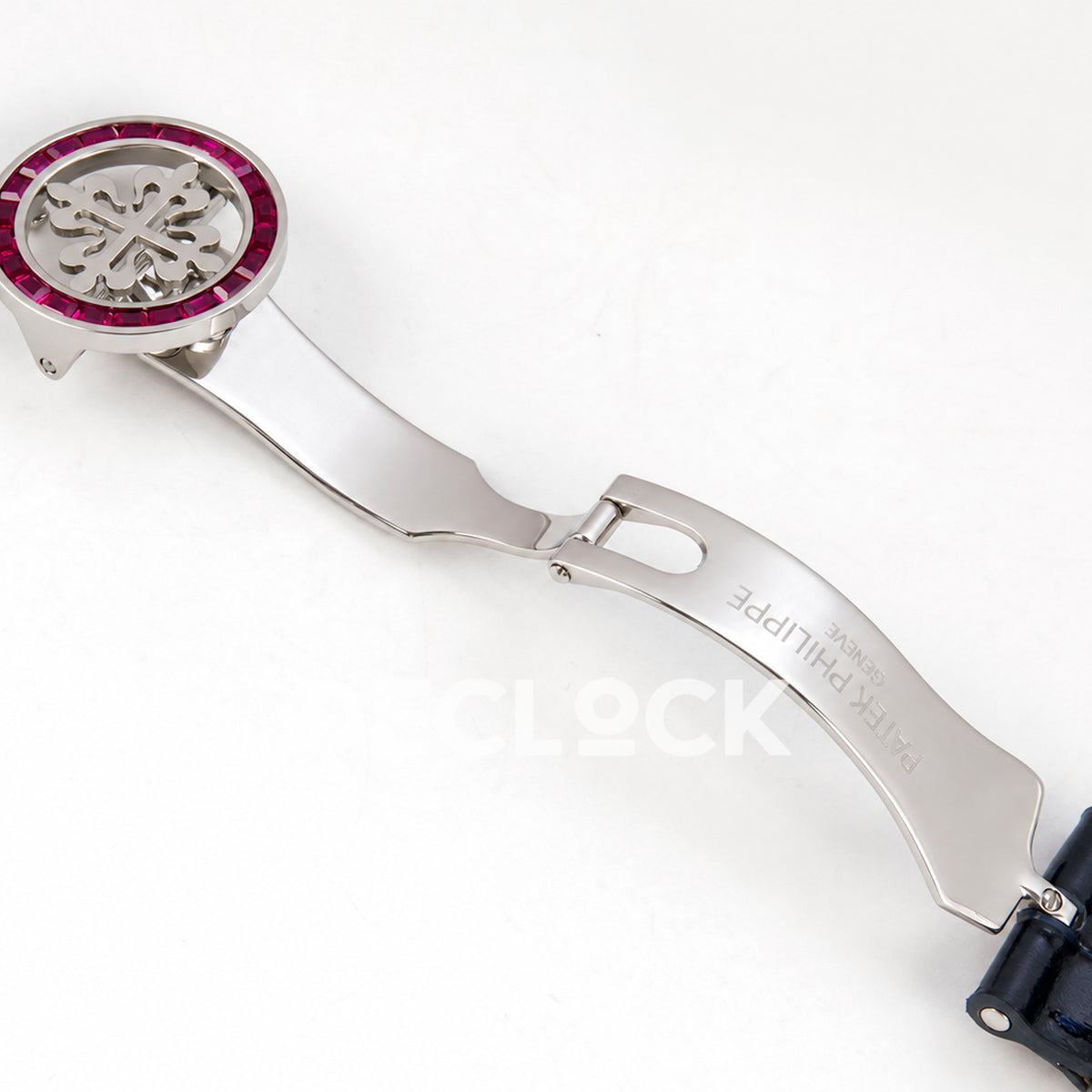 Patek Philippe Celestial 6104/12P-010 PPF replica with blue dial and red-purple stone bezel — open clasp front