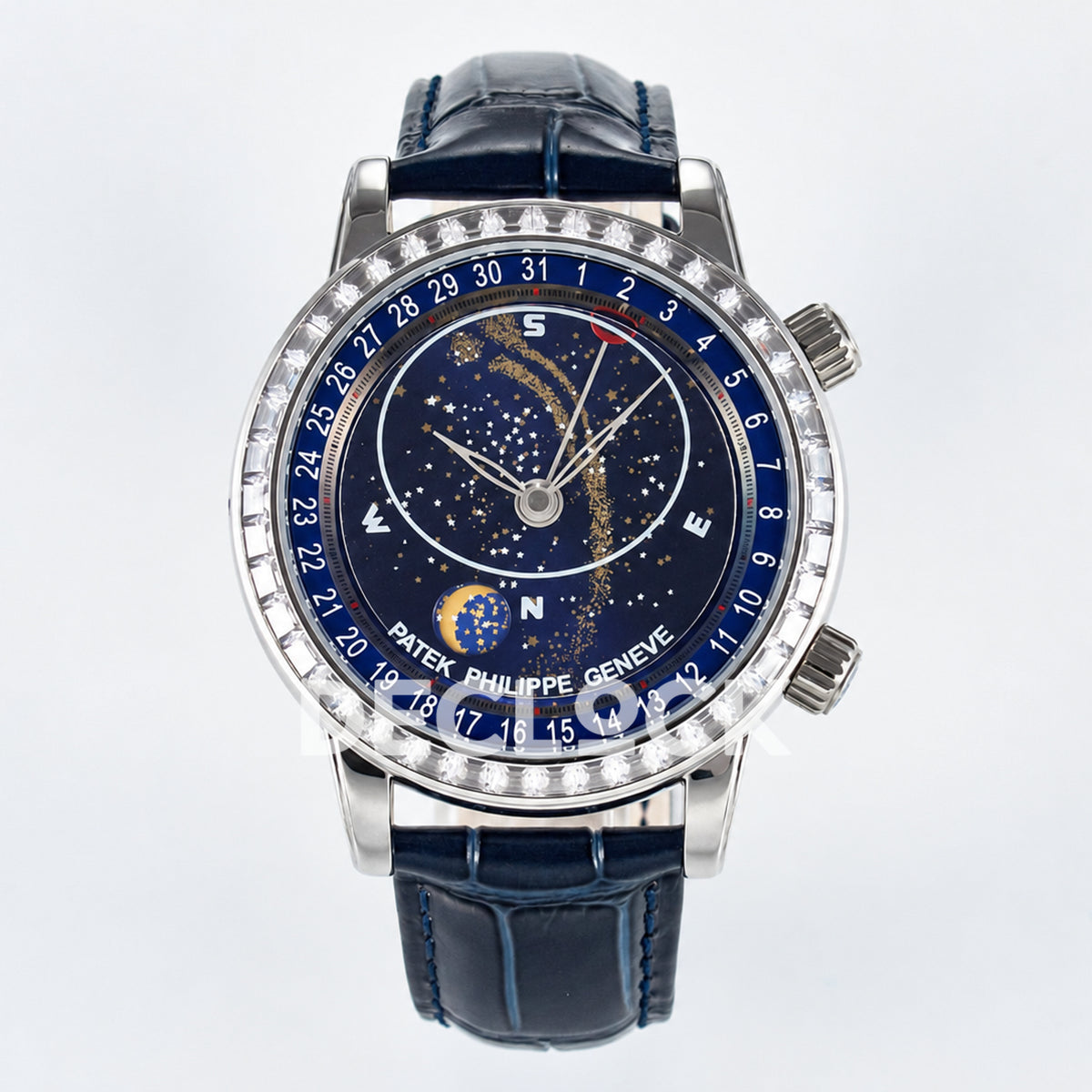 Patek Philippe Celestial Moon Age YLF replica with blue dial and stone-set bezel — front view