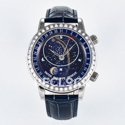 Patek Philippe Celestial Moon Age YLF replica with blue dial and stone-set bezel — front view