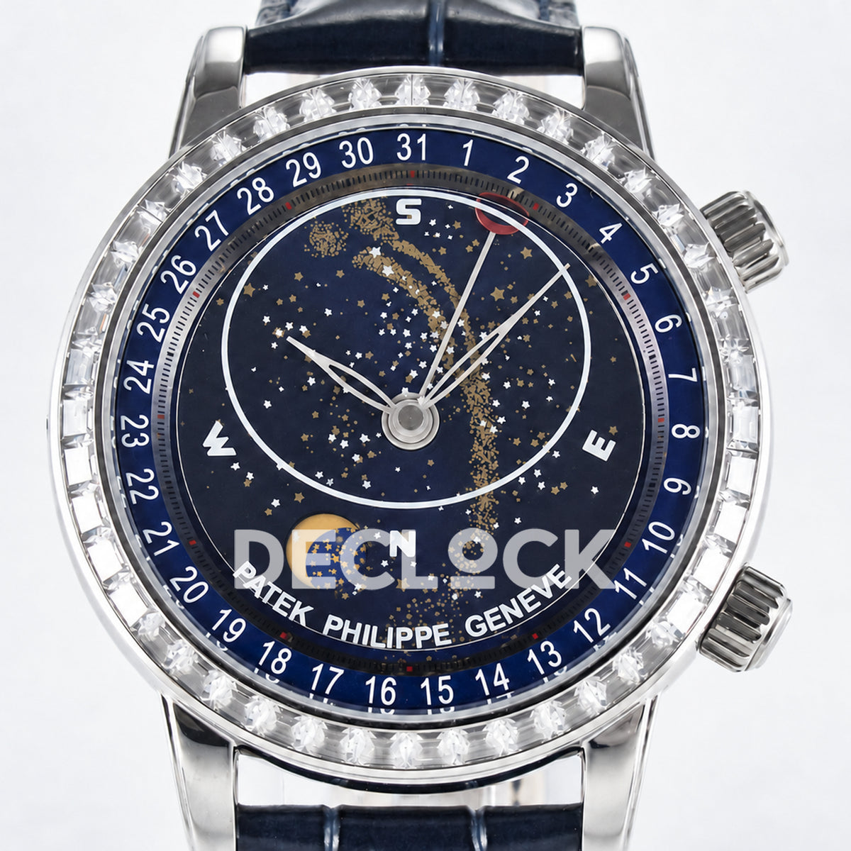 Patek Philippe Celestial Moon Age YLF replica with blue dial and stone-set bezel — angled dial