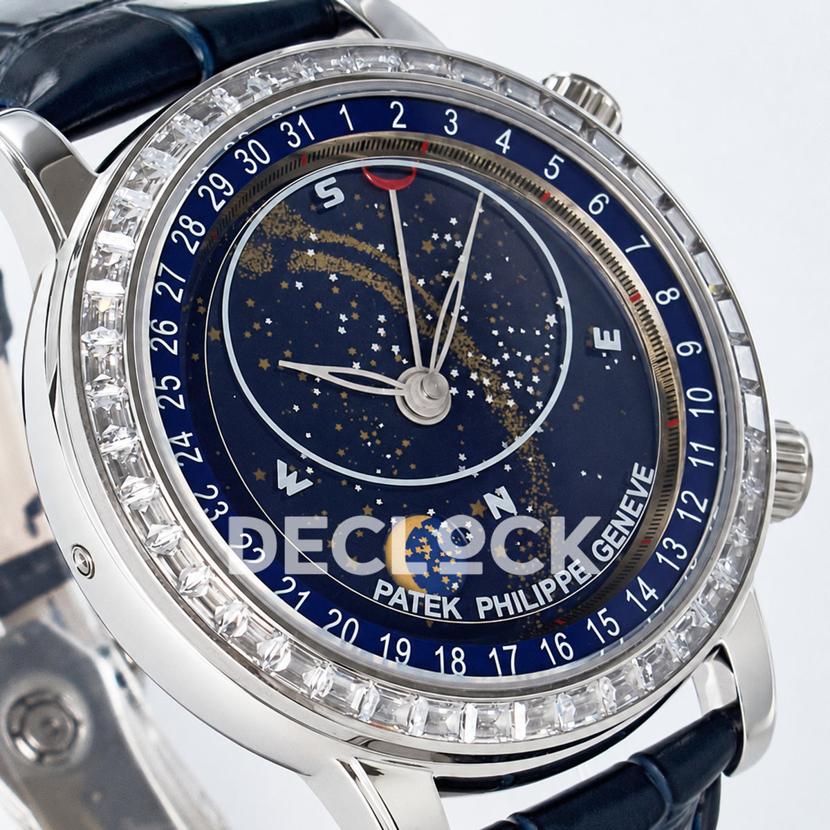 Patek Philippe Celestial Moon Age YLF replica with blue dial and stone-set bezel — side angle