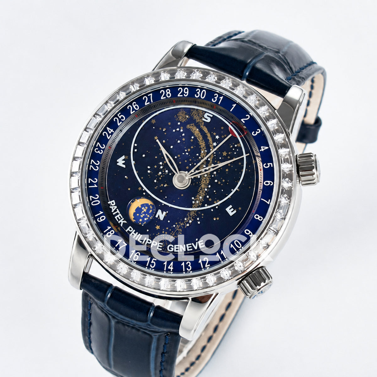 Patek Philippe Celestial Moon Age YLF replica with blue dial and stone-set bezel — dial and case