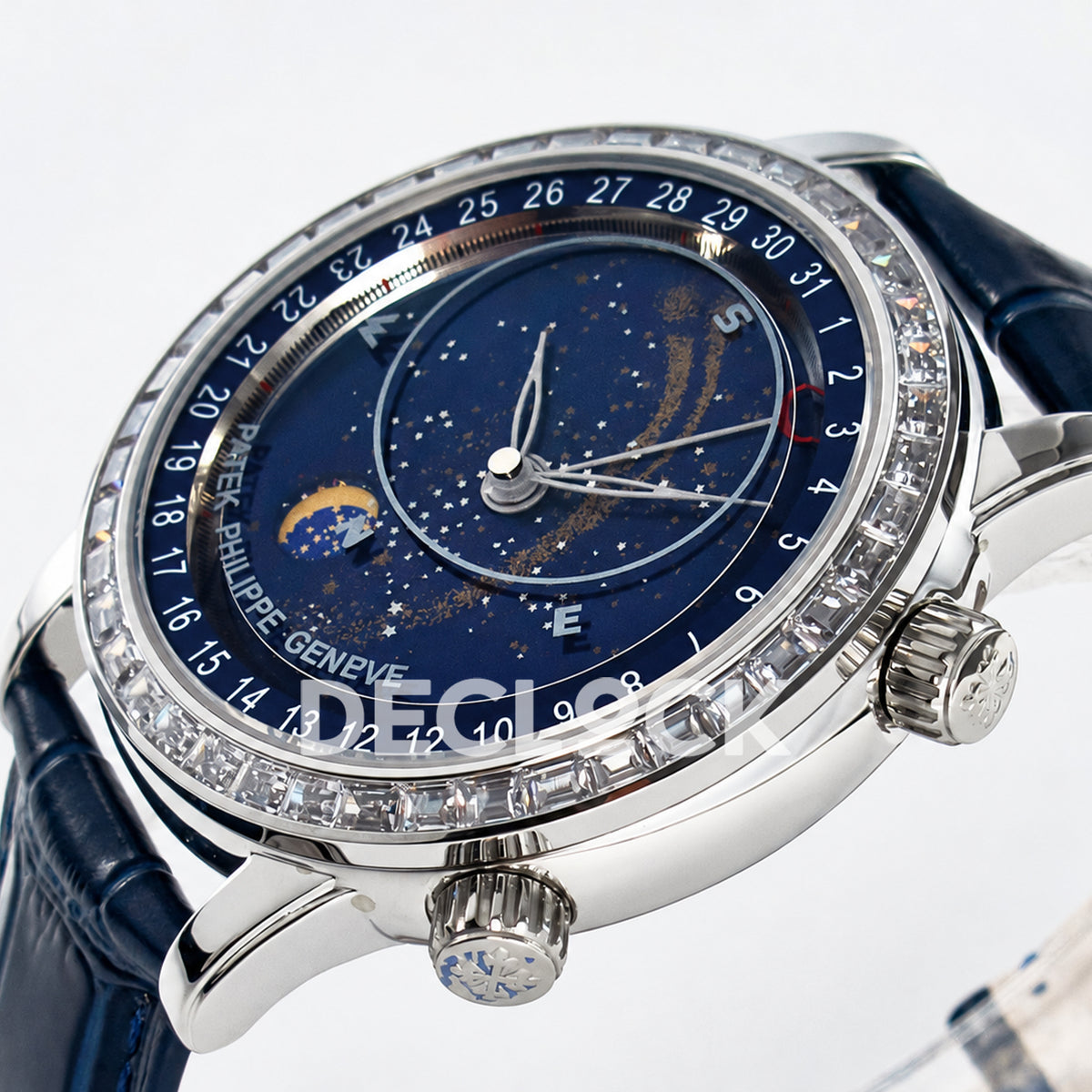 Patek Philippe Celestial Moon Age YLF replica with blue dial and stone-set bezel — case profile