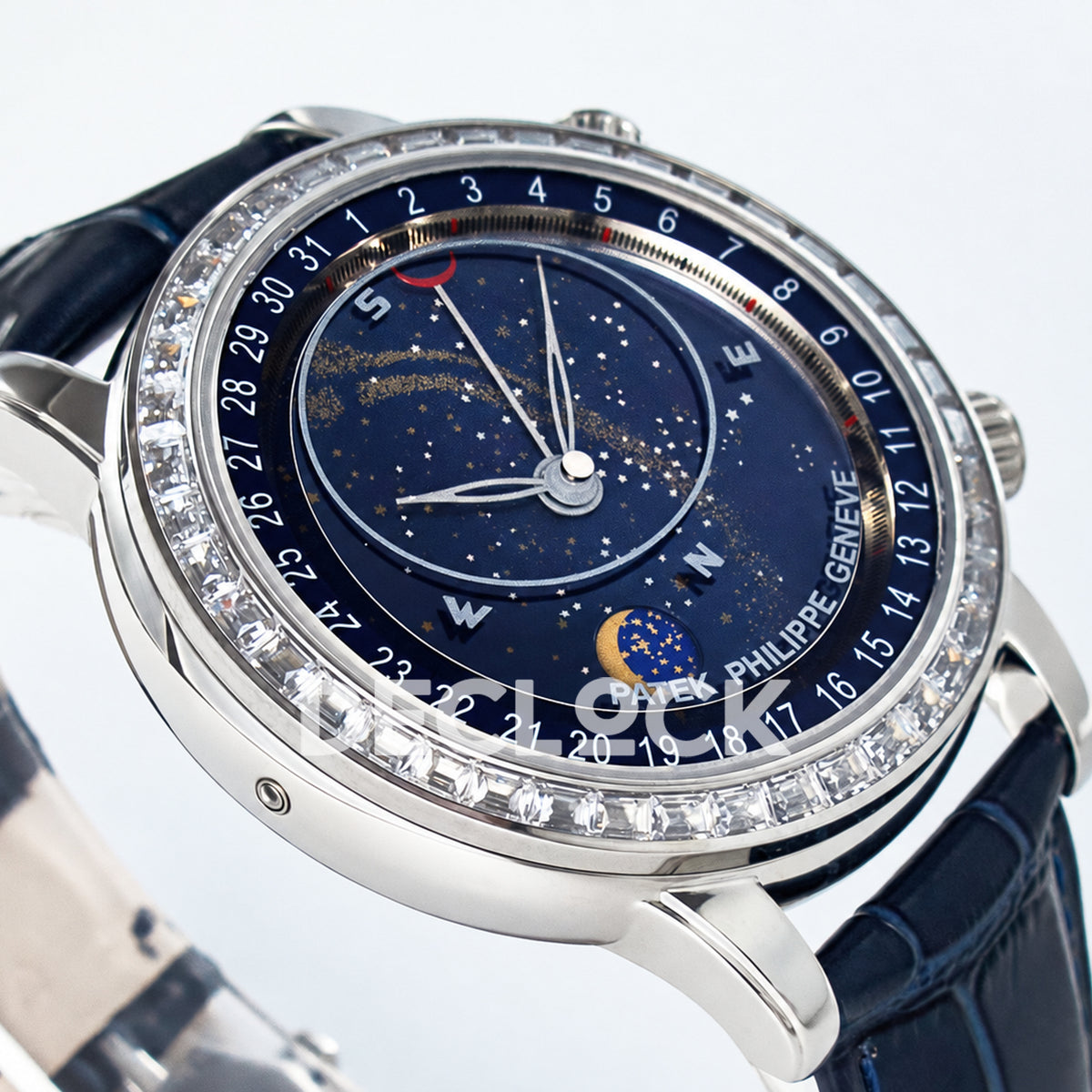 Patek Philippe Celestial Moon Age YLF replica with blue dial and stone-set bezel — three quarter view