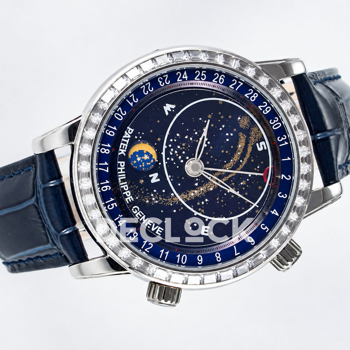 Patek Philippe Celestial Moon Age YLF replica with blue dial and stone-set bezel — front angle