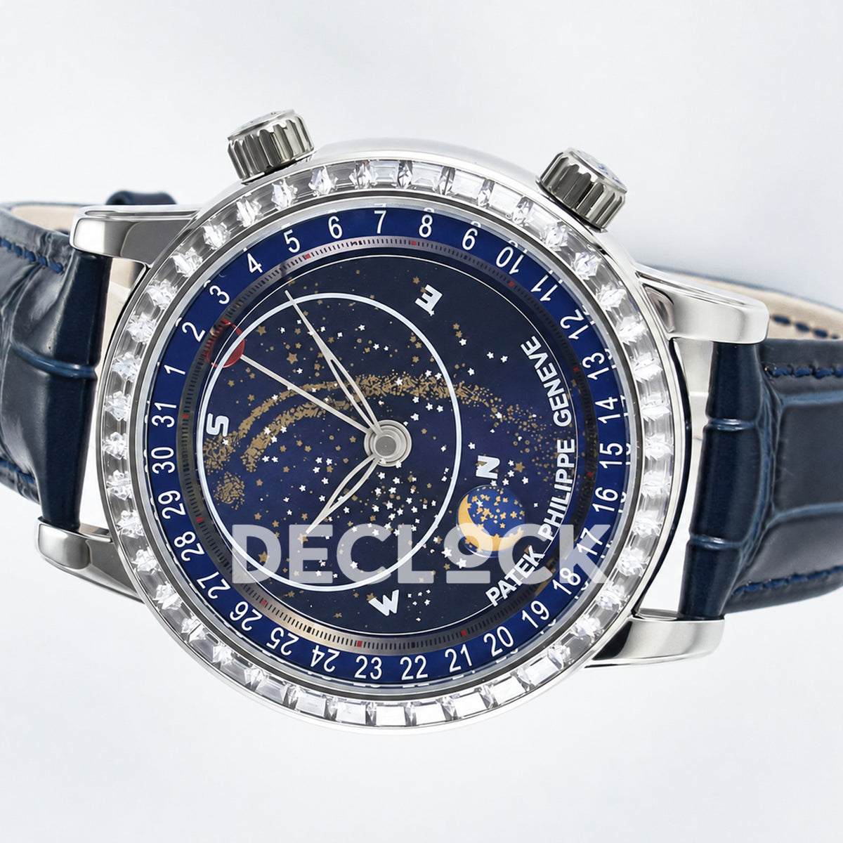 Patek Philippe Celestial Moon Age YLF replica with blue dial and stone-set bezel — horizontal view