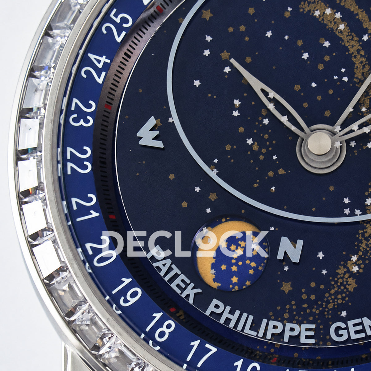 Patek Philippe Celestial Moon Age YLF replica with blue dial and stone-set bezel — moon display detail