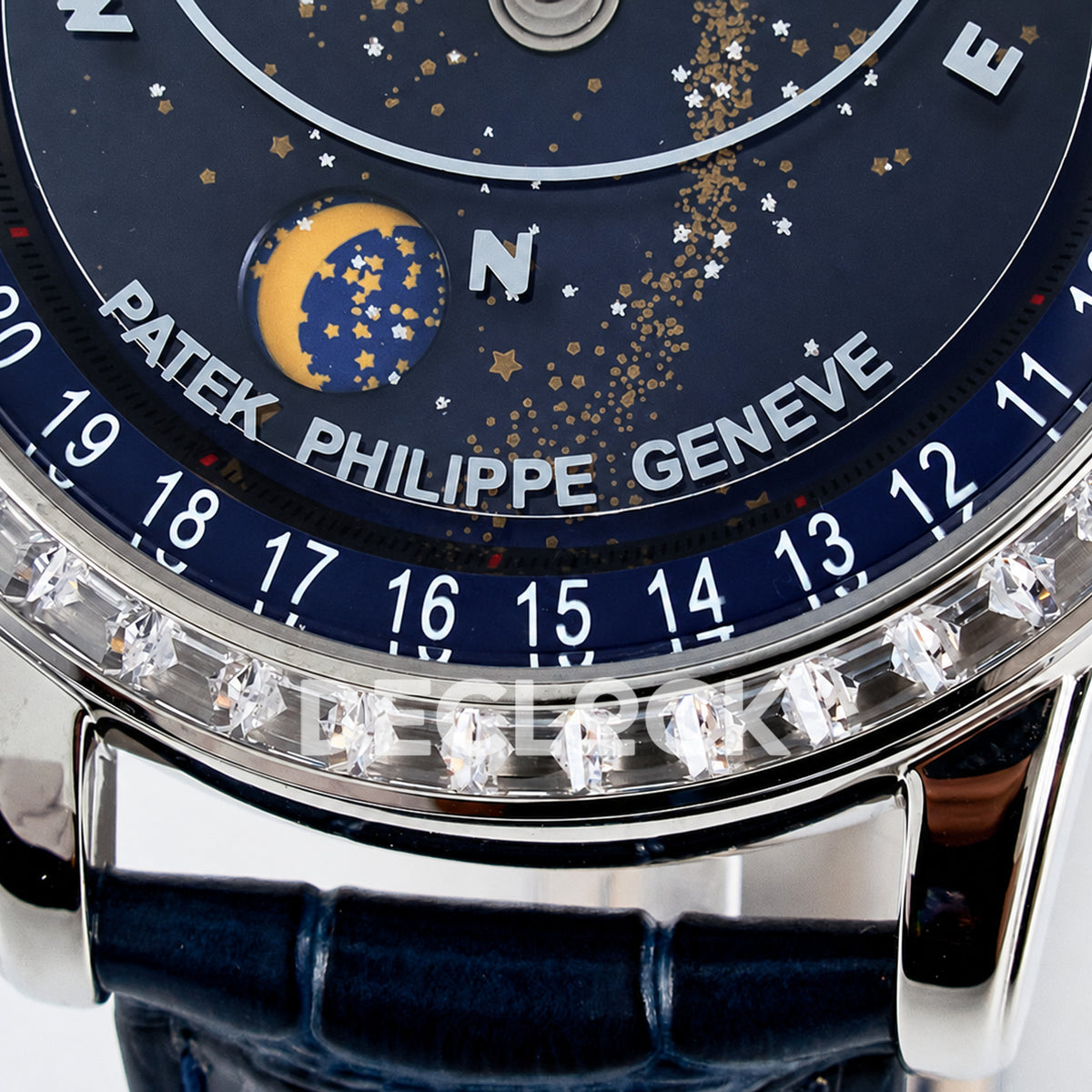 Patek Philippe Celestial Moon Age YLF replica with blue dial and stone-set bezel — dial lettering