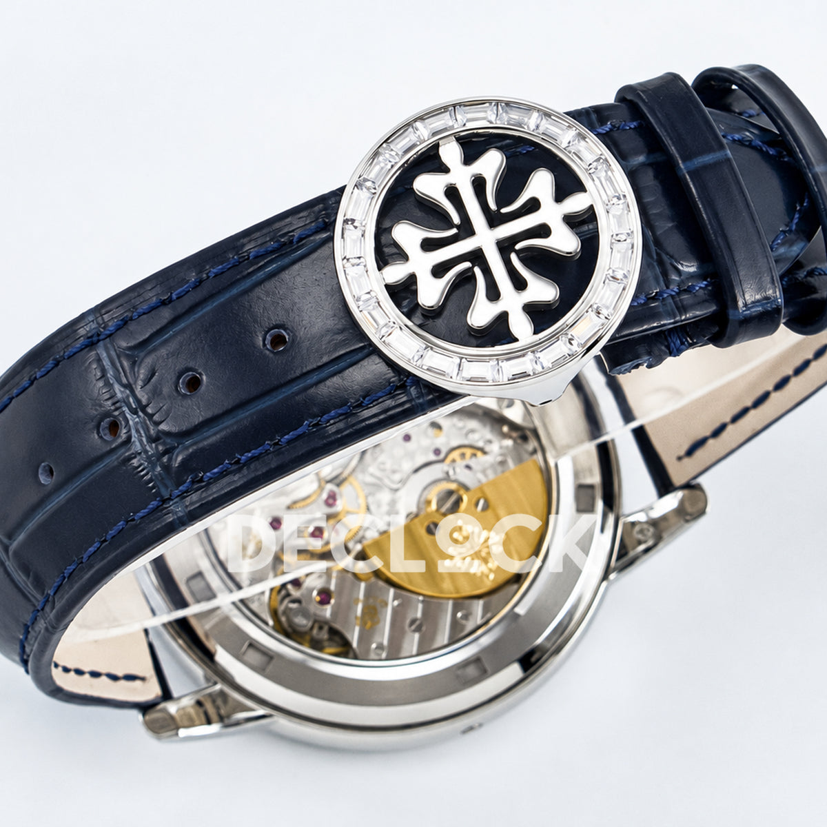 Patek Philippe Celestial Moon Age YLF replica with blue dial and stone-set bezel — rear view with decorated folding clasp