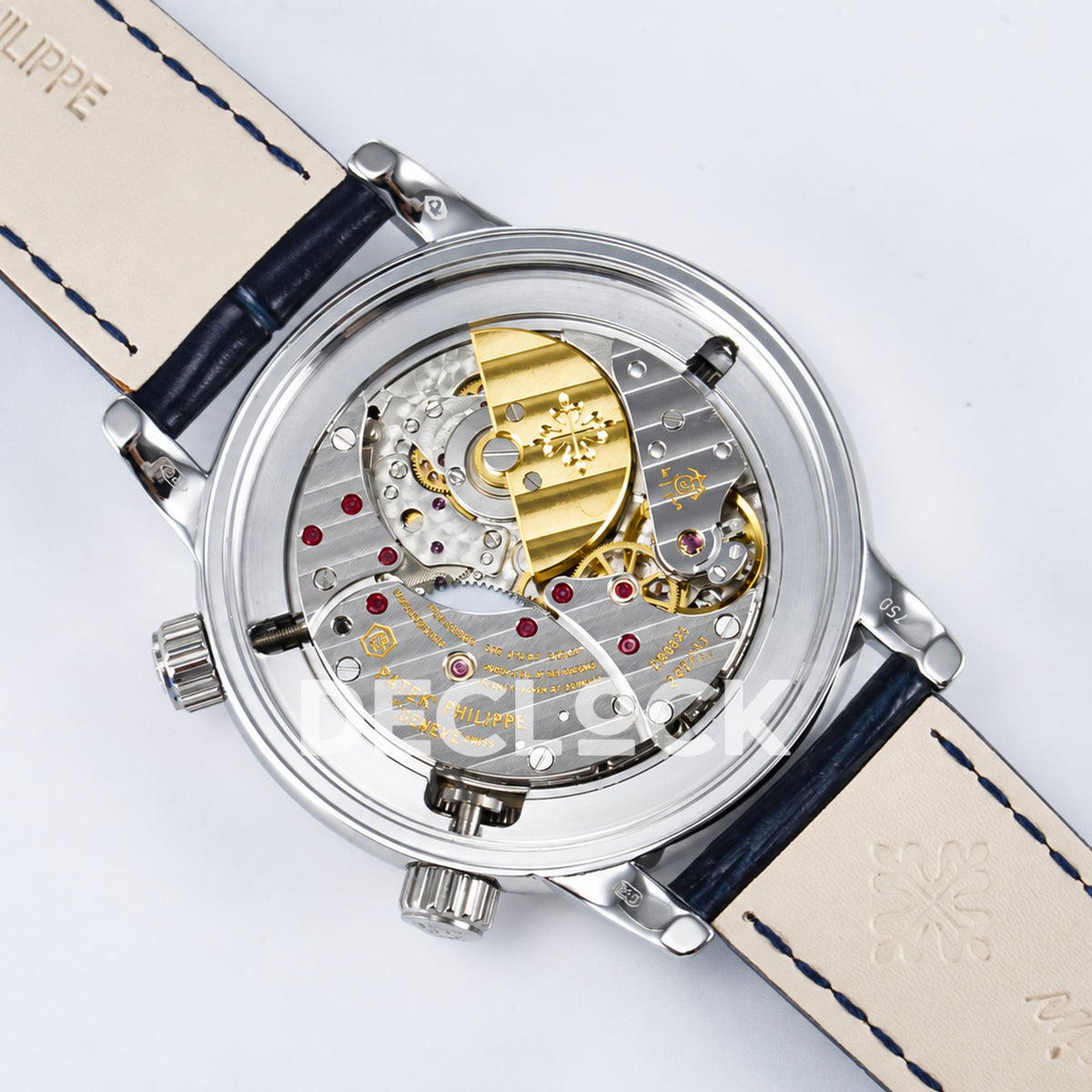 Patek Philippe Celestial Moon Age YLF replica with blue dial and stone-set bezel — micro rotor movement