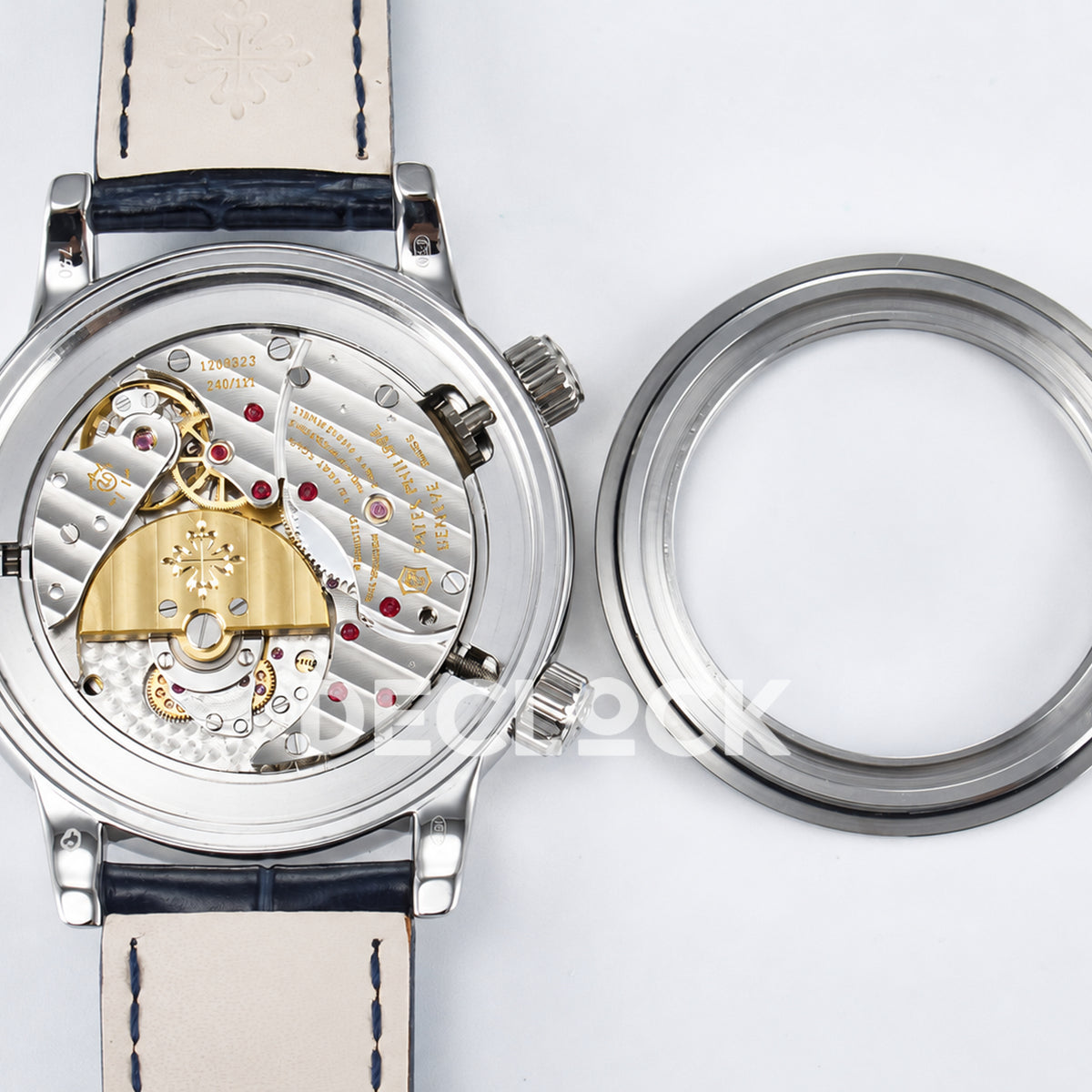 Patek Philippe Celestial Moon Age YLF replica with blue dial and stone-set bezel — caseback cover