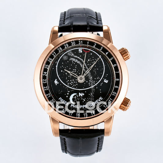 Patek Philippe Celestial Moon Age YLF replica with black dial and rose-gold-tone case — full front view